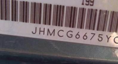 VIN prefix JHMCG6675YC0
