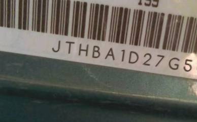 VIN prefix JTHBA1D27G50