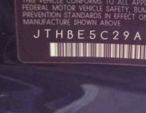 VIN prefix JTHBE5C29A50