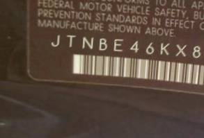 VIN prefix JTNBE46KX831