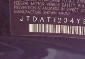 VIN prefix JTDAT1234Y50