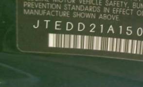 VIN prefix JTEDD21A1501