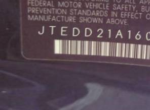 VIN prefix JTEDD21A1601