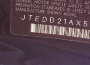 VIN prefix JTEDD21AX501