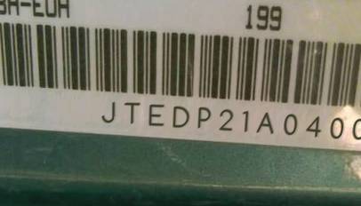 VIN prefix JTEDP21A0400