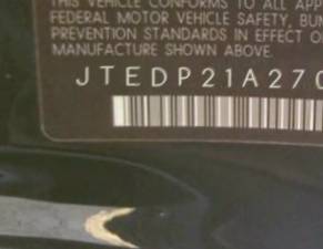 VIN prefix JTEDP21A2701