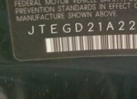 VIN prefix JTEGD21A2200