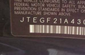 VIN prefix JTEGF21A4301
