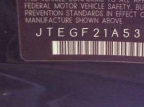VIN prefix JTEGF21A5301