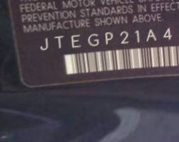 VIN prefix JTEGP21A4500