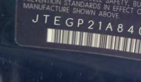 VIN prefix JTEGP21A8400