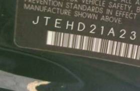 VIN prefix JTEHD21A2300