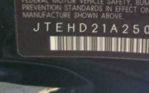 VIN prefix JTEHD21A2500