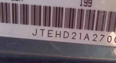 VIN prefix JTEHD21A2700
