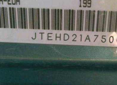 VIN prefix JTEHD21A7500
