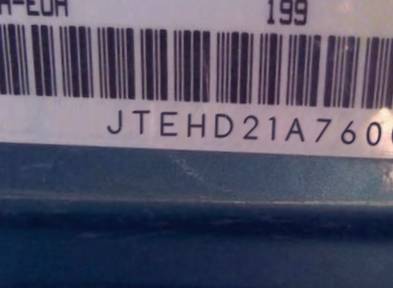 VIN prefix JTEHD21A7600