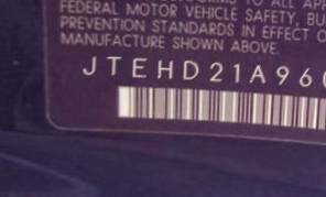 VIN prefix JTEHD21A9600