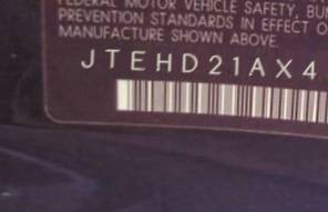 VIN prefix JTEHD21AX400