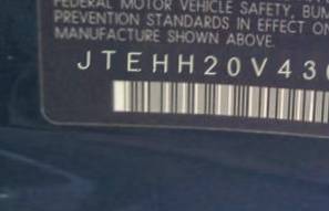 VIN prefix JTEHH20V4302