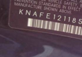 VIN prefix KNAFE1211850