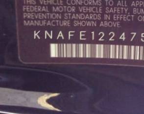 VIN prefix KNAFE1224753