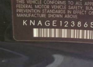 VIN prefix KNAGE1238650