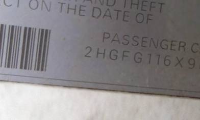 VIN 2HGFG116X9H518884