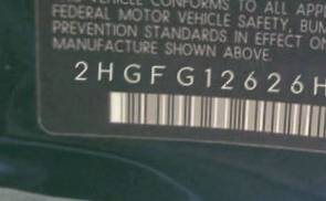 VIN 2HGFG12626H568494