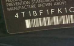 VIN 4T1BF1FK1CU201842