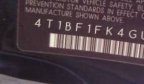 VIN 4T1BF1FK4GU140556