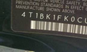 VIN 4T1BK1FK0CU010876