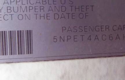 VIN 5NPET4AC6AH576063